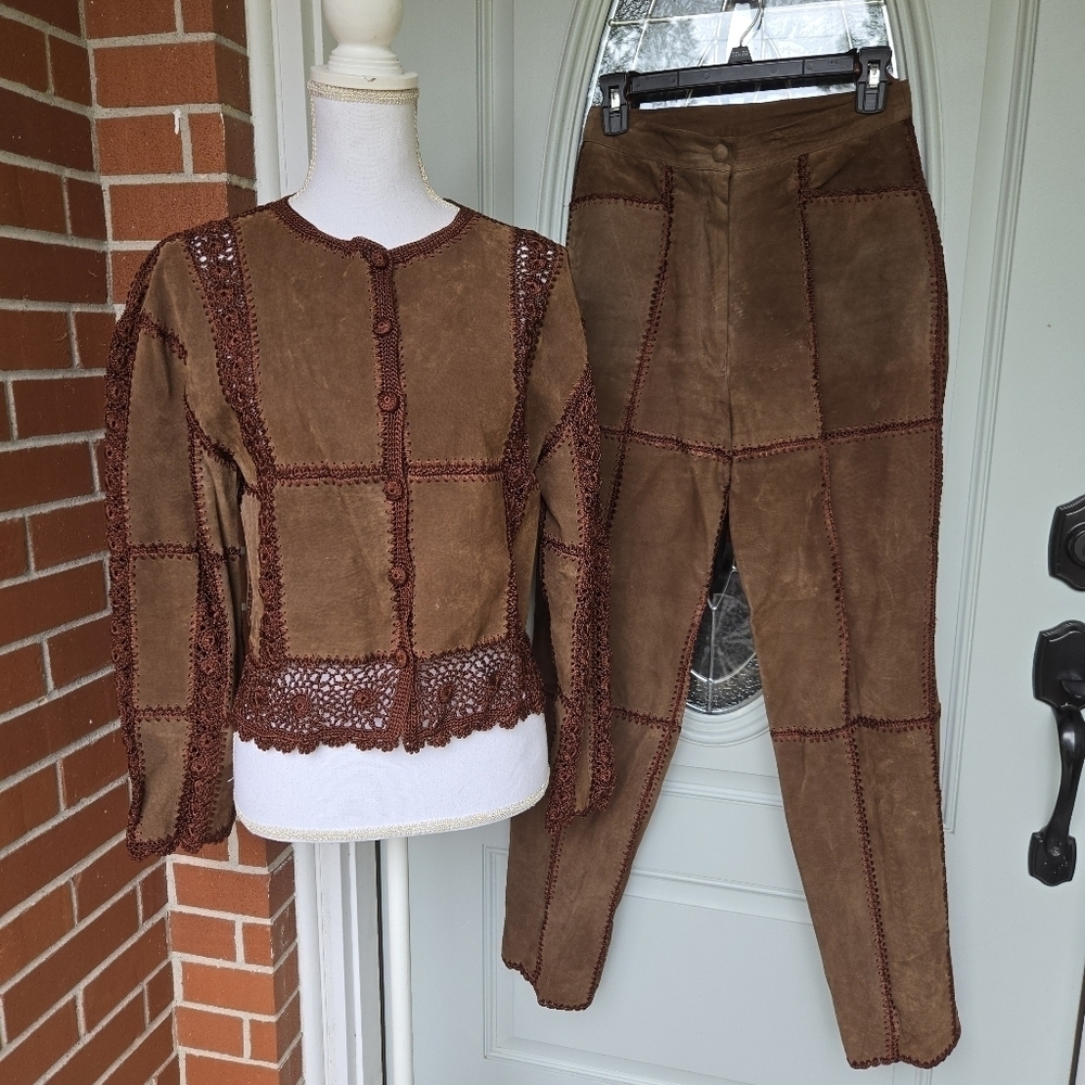 Vintage SMH Crochet Leather 2 Piece Jacket & Trouser Set